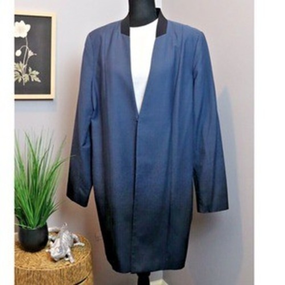 Elie Tahari‎ Ombre Topper Coat Womens L Blue Black Gradient Open Front Jacket